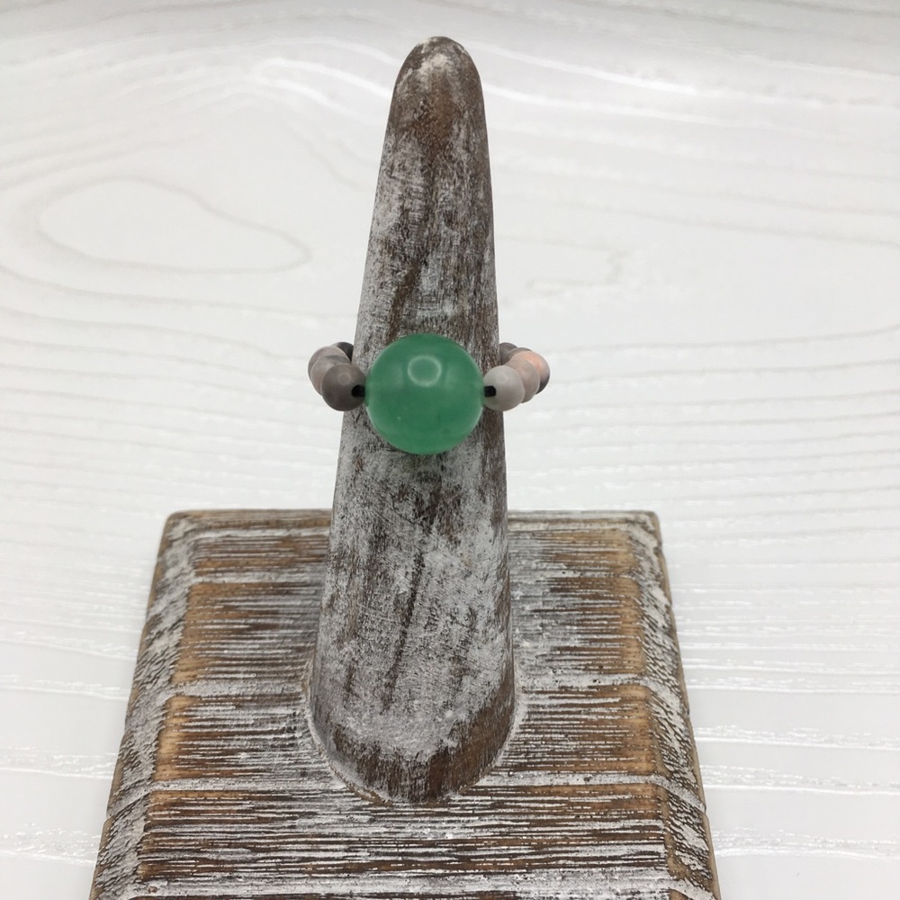 HANDCRAFTED Pink Zebra Jasper & Green Jade Stretch Bead Ring